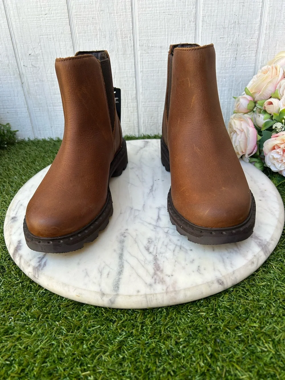 SOREL Women's Lennox Chelsea Rain Boots, Waterproof Leather Boots Bronze velvet.